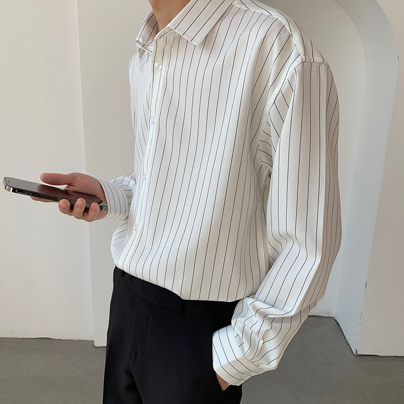 Abbigliamento da uomo Camicia casual a righe bianche e nere, da uomo, a maniche lunghe, elegante intimo, stiratura gratuita, camicia da uomo nera, primavera e autunno_voghion.com