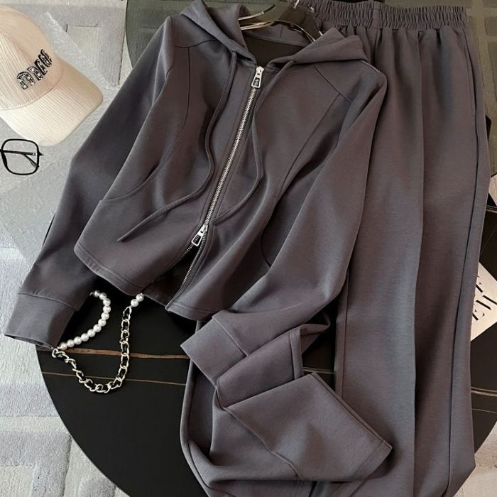 Style Mint Mambo ~ Sweat-shirt à capuche slim, design automne-hiver, taille haute, pantalon large, costume deux pièces décontracté, tendance féminine_voghion.com