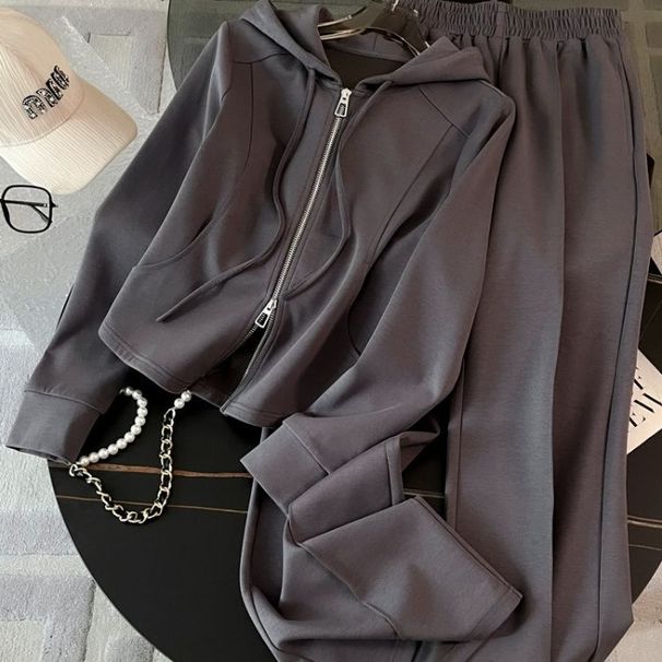 Style Mint Mambo ~ Sweat-shirt à capuche slim, design automne-hiver, taille haute, pantalon large, costume deux pièces décontracté, tendance féminine_voghion.com