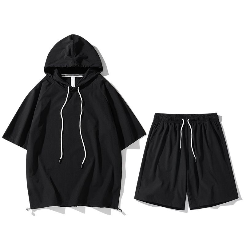 Herrenbekleidung Lässiger Sportanzug Sommer Schnelltrocknende Kurzarmshorts mit Kordelzug und Kapuze Trendy Loose Large Size Zweiteiliger Anzug_voghion.com