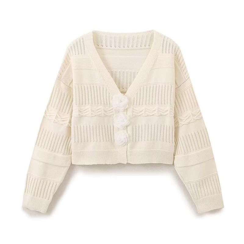 Abbigliamento donna 2024 autunno nuova moda di strada scollo a V bottone decorazione floreale lavorato a maglia aperto_voghion.com