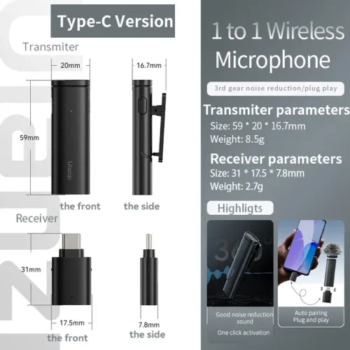 Ulanzi WM-10 vezeték nélküli csíptetős mikrofon 1 mikrofonhoz USB-C Android iPhone-hoz szélálló szivaccsal élő közvetítéshez_voghion.com