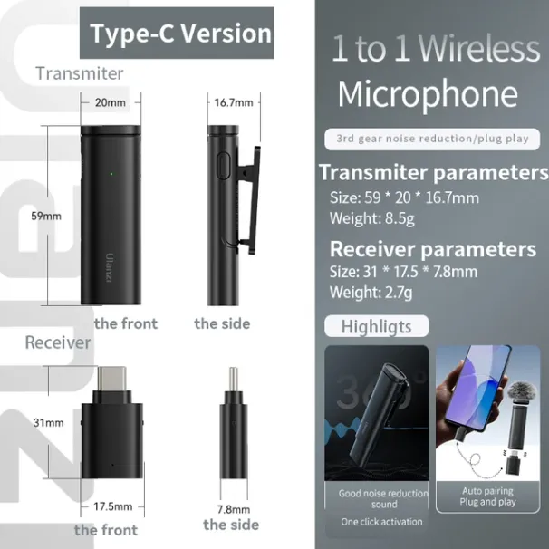 Ulanzi WM-10 Kabelloses Lavalier-Mikrofon zu 1 Mikrofon USB C für Android iPhone mit winddichtem Schwamm für Live-Streaming_voghion.com