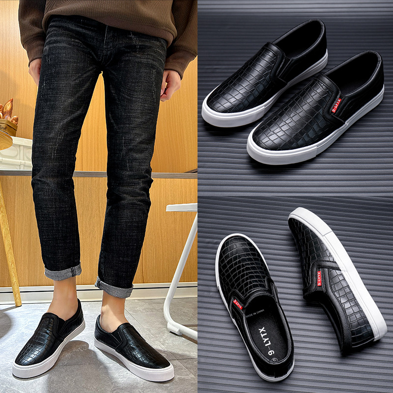 9-LYTX One Step Lazy Herren Casual Leder Stil Arbeitskleidung Student Skateboarding Korean Edition Reinweiß Elastische Schuhe_voghion.com
