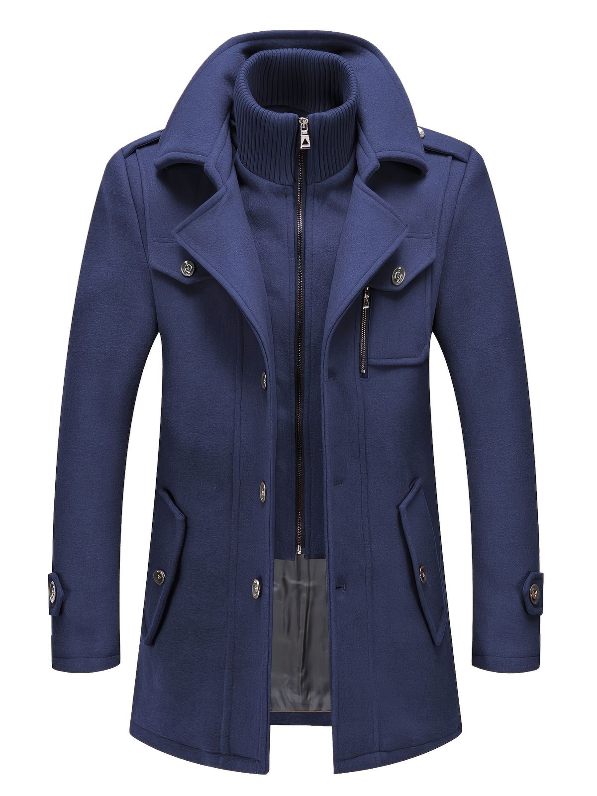 Herren-Trenchcoat aus Fleece-Mischgewebe mit abnehmbarem Stehkragen, einreihiger Mantel mit Reißverschlusstaschen – lässiger Herbst-/Wintermantel_voghion.com