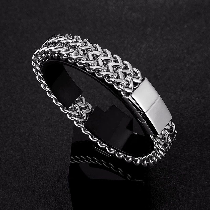 Men's Titanium Fashion Double Row Stainless Steel Hip Hop Trendy Thick Magnetic Clasp Cuban Bracelet_voghion.com