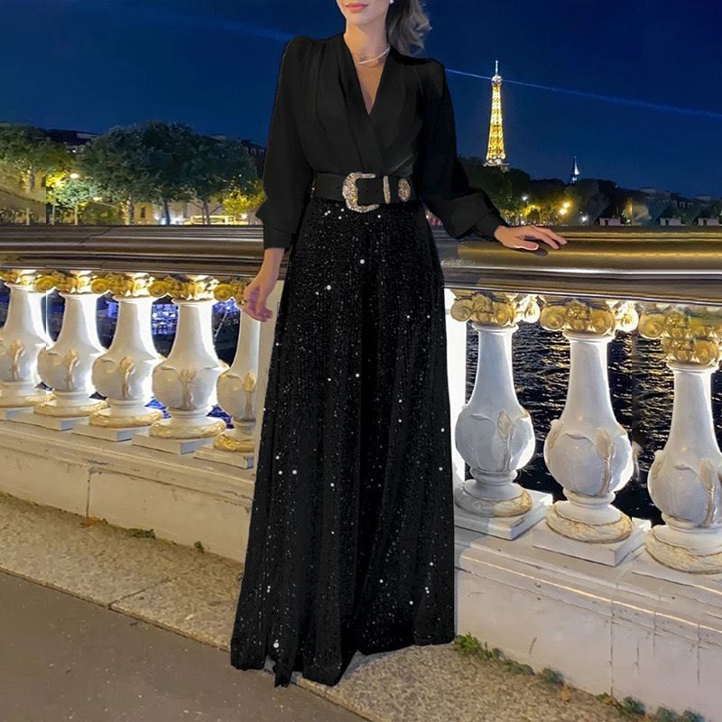 Height 165 + distribution belt New V-neck long-sleeved shirt temperament elegant waist slimming sequin wide-leg pants_voghion.com