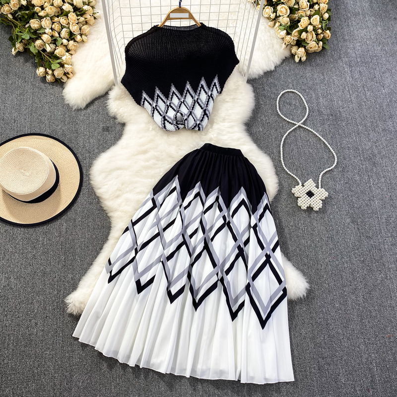 Dameskleding lichte volwassen stijl, retro temperament, opstaande kraag, slim fit, bedrukte geplooide top, tweedelig pak, rok met hoge taille_voghion.com