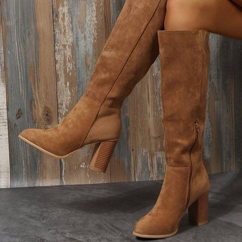 Neue Herbst/Winter-Mode Blockabsatz Spitz Seitlicher Reißverschluss High Heel Knight Stiefel_voghion.com