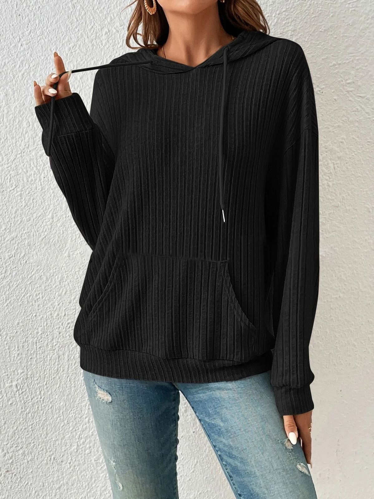 Oversize-Kapuzenpullover für Damen mit Kängurutasche – gestreifter und karierter Strickpullover, lässige Streetwear, weiches Fleecefutter aus Baumwollmischung_voghion.com