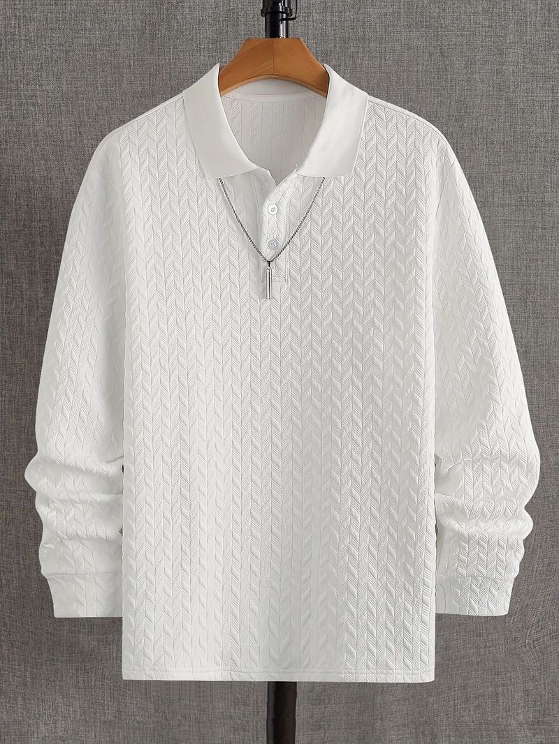 Langärmliges Poloshirt für Herren mit geometrischem Muster und Knopfkragen, bequemes und lässiges All-Match-Oberteil_voghion.com