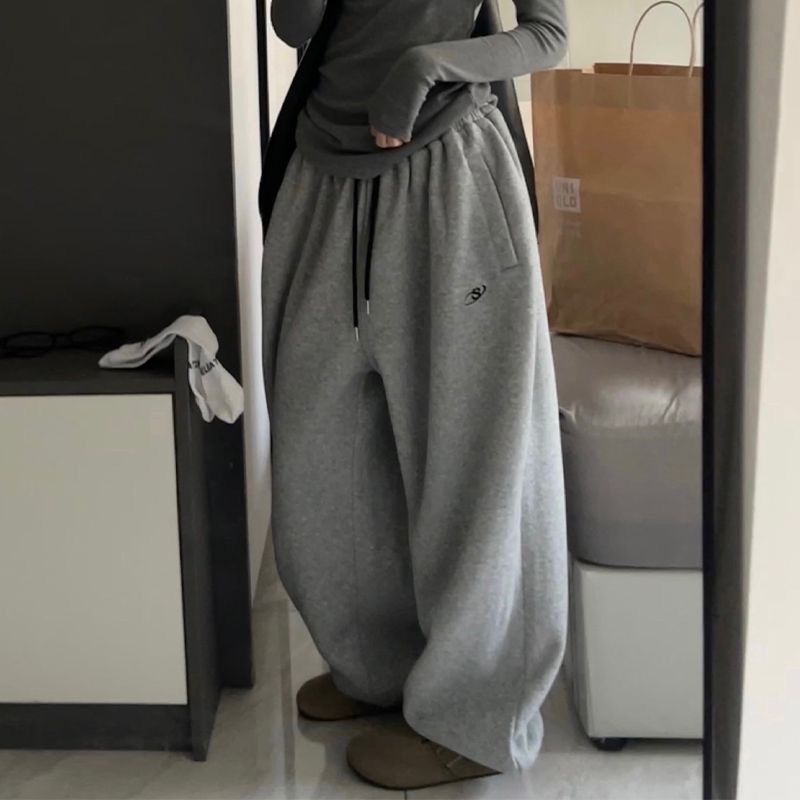 Damenbekleidung Reine Baumwolle Plus Samt Grau Amerikanische Freizeitsporthose Für Damen Herbst Und Winter Lockere Jogginghose Mit Hoher Taille Und Kordelzug Und Weitem Bein_voghion.com
