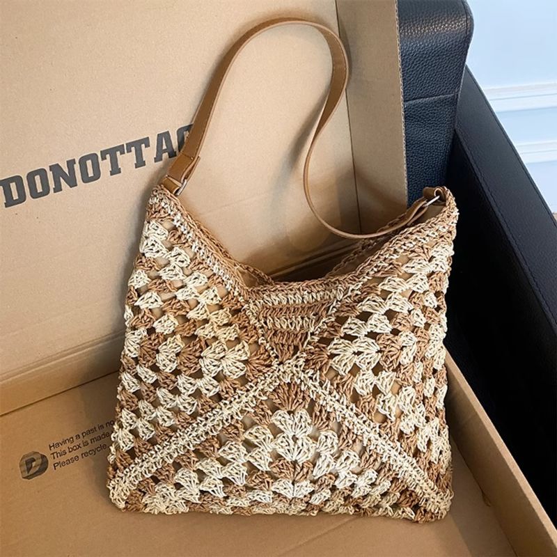 Trendy Lazy Style Gewebt für Damen, Atmosphäre Strandurlaub Strohtasche, Vielseitige Schultertasche_voghion.com