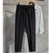 Pantaloni da uomo con coulisse e vita elastica, piccoli pantaloni da abito, semplici pantaloni da uomo in cotone, pantaloni casual, tinta unita, pantaloni da abito a nove punte_voghion.com