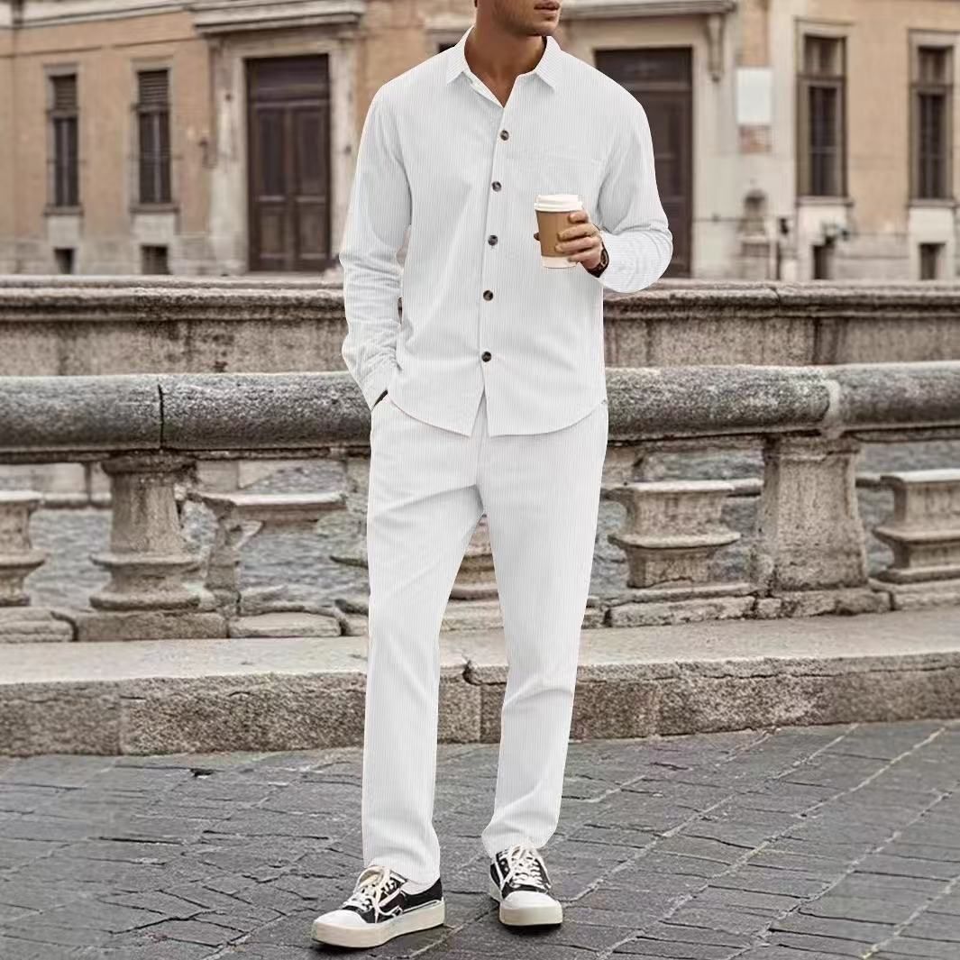 Camicia a maniche lunghe in velluto a coste autunnale per uomo, un set completo di camicia sportiva casual con pettorina._voghion.com