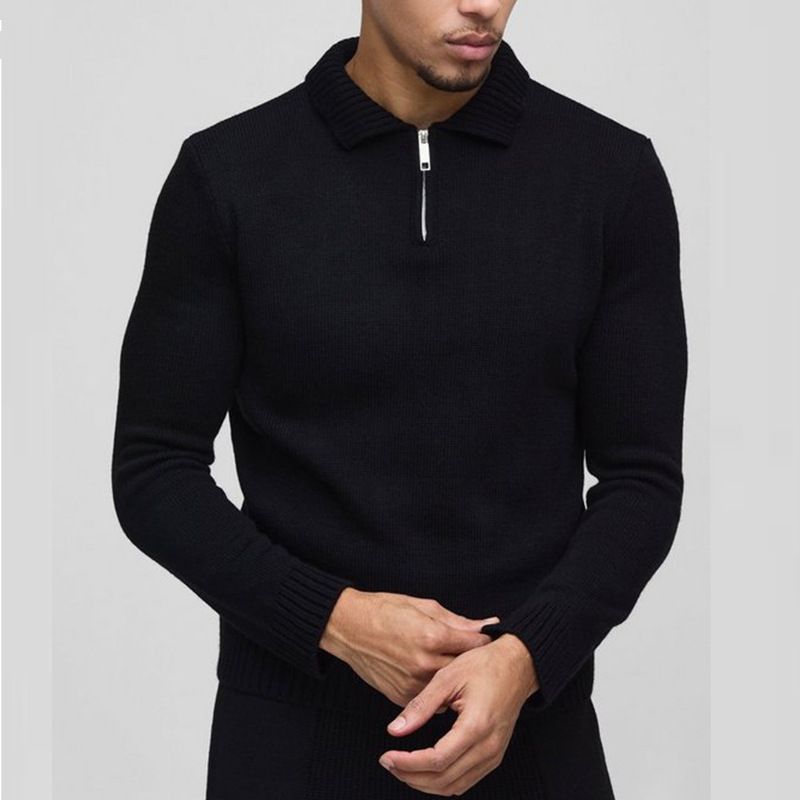 "Herren-Strick-Poloshirt mit Halbreißverschluss – Stretch-Baumwollmischung, entspannte Passform, lange Ärmel für Freizeit- und Bürokleidung (7 Größen, Schwarz)"_voghion.com