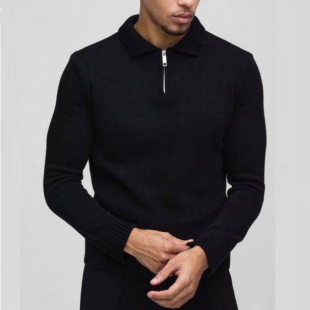 "Herren-Strick-Poloshirt mit Halbreißverschluss – Stretch-Baumwollmischung, entspannte Passform, lange Ärmel für Freizeit- und Bürokleidung (7 Größen, Schwarz)"_voghion.com