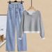 Slim-Fit Denim Jumpsuit Set With Oversized Sweater - Trendy Two-Piece Outfit For Petite Women In Blue, Green, Gray_voghion.com