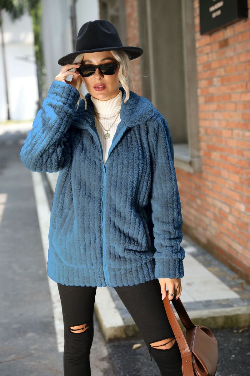 Autumn and winter women's new style lapel pit zipper long-sleeved solid color mid-length double-sided plush jacket_voghion.com