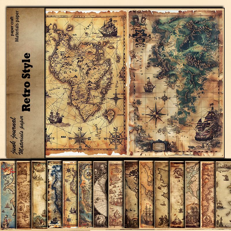 Stationery Sticker Retro Map 15 Sheets Of Material Paper To Make Old Navigation Map Folding Paper_voghion.com
