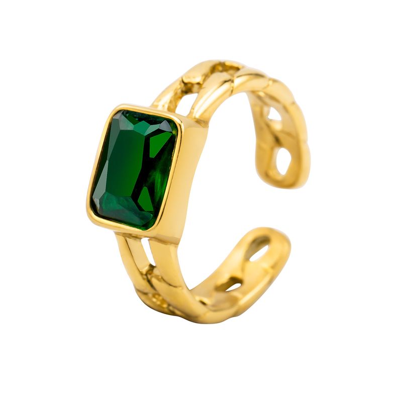 Fashion Hip-Hop Personality Titanium Steel Gold-Plated Champagne Blue Green Diamond Cuban Chain Open Ring_voghion.com