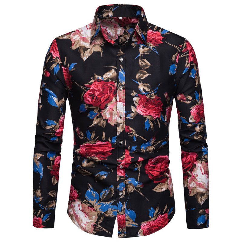 Men's Spring and Autumn Men's Long-sleeved Floral Shirt Lapel Slim-fit Shirt Non-ironing Casual_voghion.com