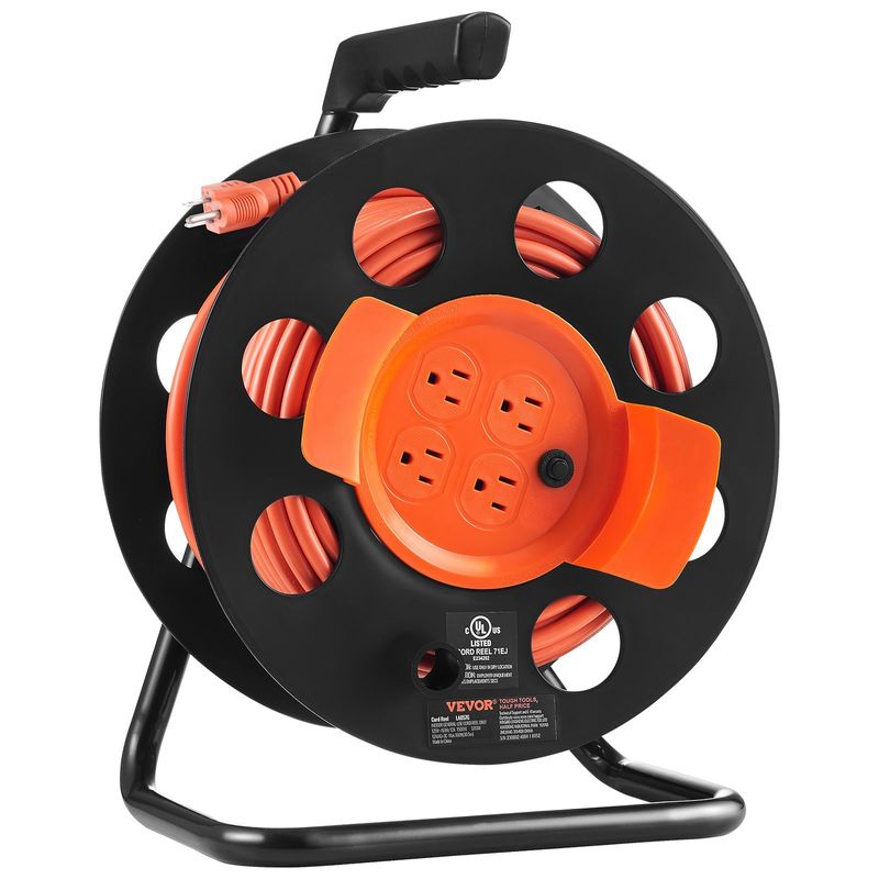 VEVOR Extension Cord Reel, 100FT, with 4 Outlets and Dust Cover, Heavy Duty 12AWG SJTOW Power Cord, Manual Cord Reel with Portable Handle Circuit Brea_voghion.com