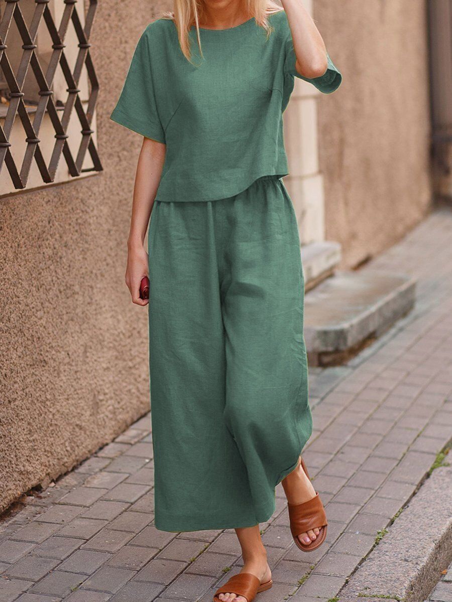Women's large size suit linen leisure loose solid color suit two-piece suit_voghion.com