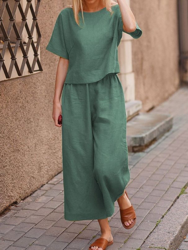 Women's large size suit linen leisure loose solid color suit two-piece suit_voghion.com