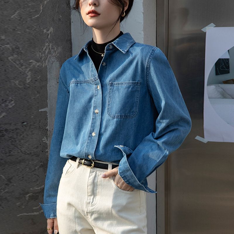 Damenbekleidung Neue Frühlingsmode Blaue Jacke Lockere Schulterpartie Mehrlagiges Französisches Hemd Mit Langen Ärmeln_voghion.com
