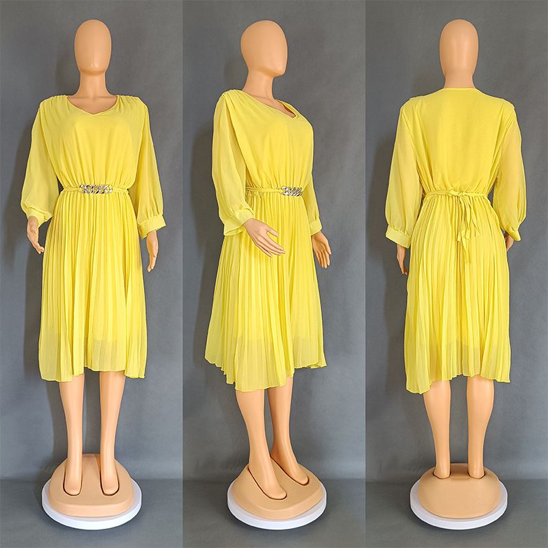 Damenbekleidungsangebot Langärmliges, plissiertes, mittellanges Rockkleid mit Temperament, einfarbig, plissiertes Kleid mit großem Saum_voghion.com