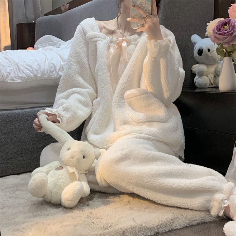 Court Style Square Collar Pajamas Girls Autumn And Winter White Bow Pajamas Loungewear Suit_voghion.com