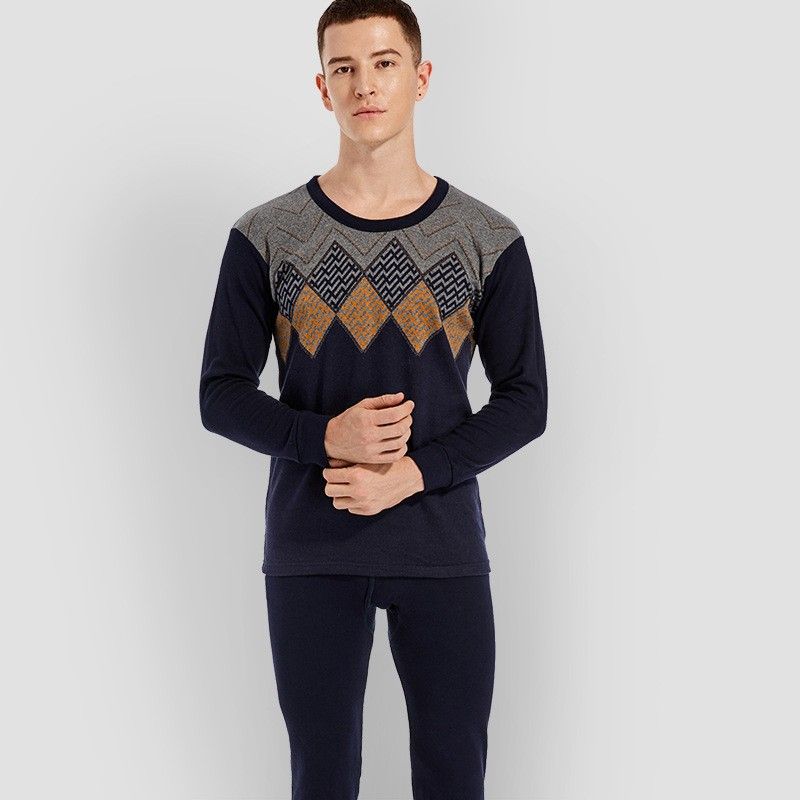 Reine Baumwolle Herbst und Winter Jacquard Dünne Lange Unterhosen Herren Reine Baumwolle Thermounterwäsche Set Jugend Baumwollpullover_voghion.com