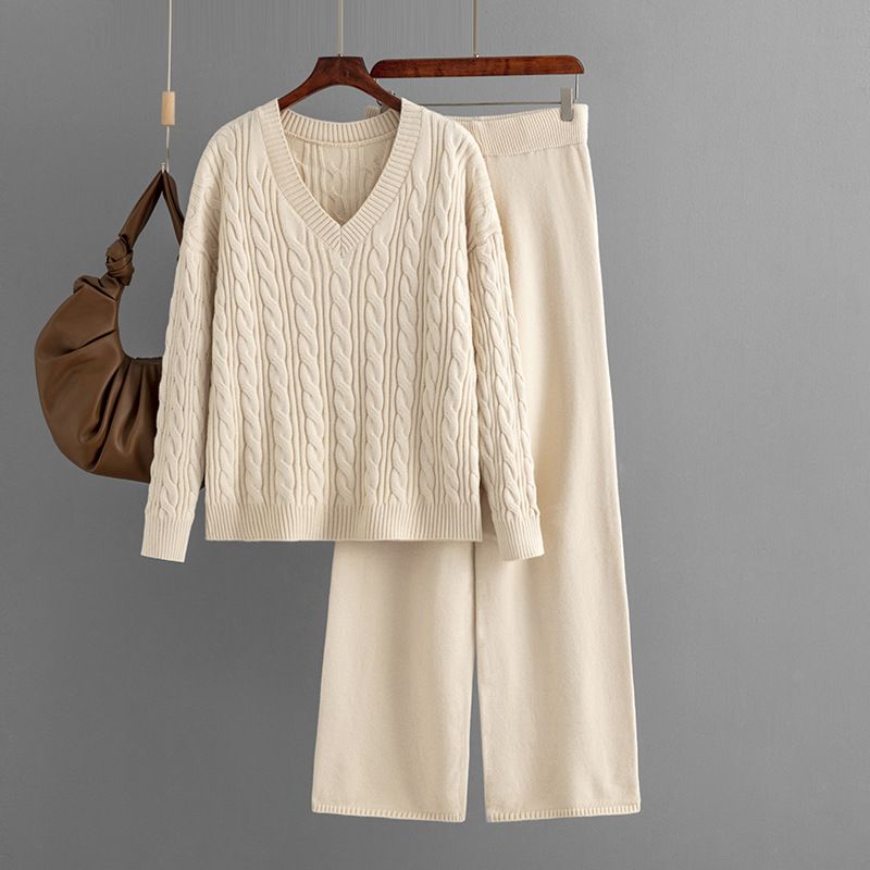 Pantaloni a gamba larga alla moda da donna maglione abito in maglia con scollo a V twist da donna in due pezzi_voghion.com