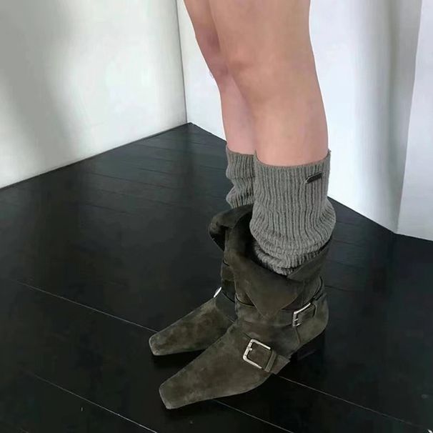 Botas femininas de cano médio, estilo retrô, com cabeça quadrada pequena, dobrável, salto grosso e fivela de cinto, para outono e inverno_voghion.com