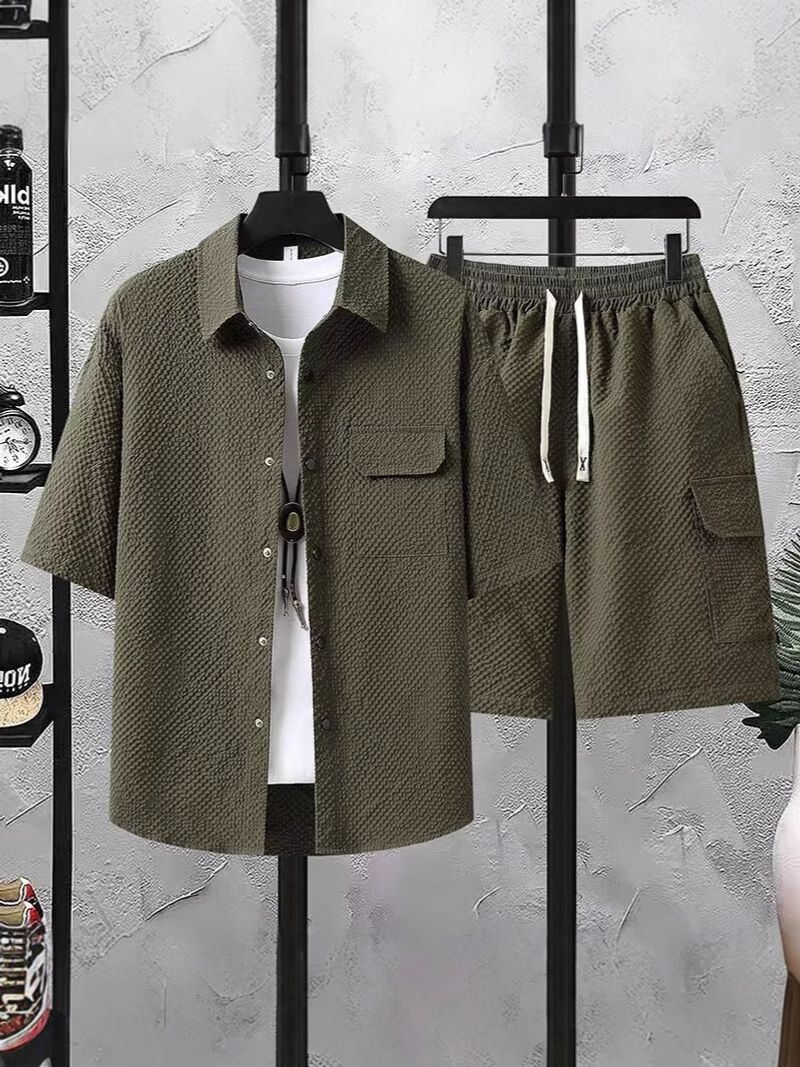 Ensemble chemise et short décontractés pour homme - Tenue d'été respirante, coupe ajustée, mélange de polyester confortable, style streetwear tendance_voghion.com
