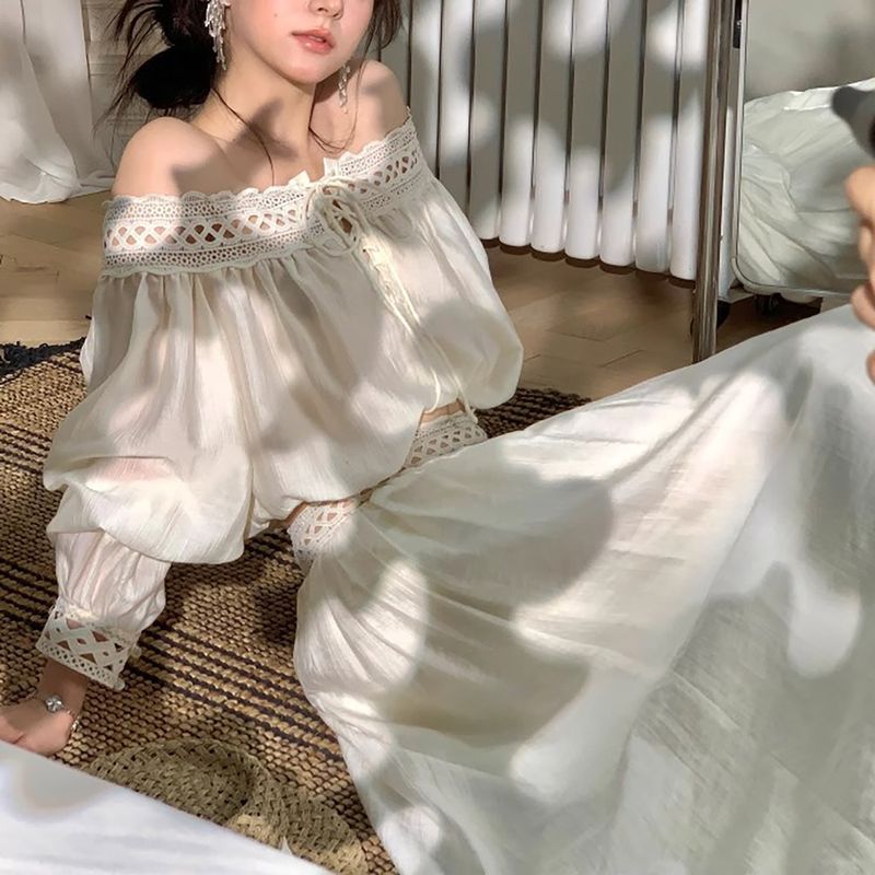 Half Day Floating Life High End Design With Hollowed Out Lace, One Shoulder Top, A Fish Tail Set, Shirt, Long Skirt_voghion.com