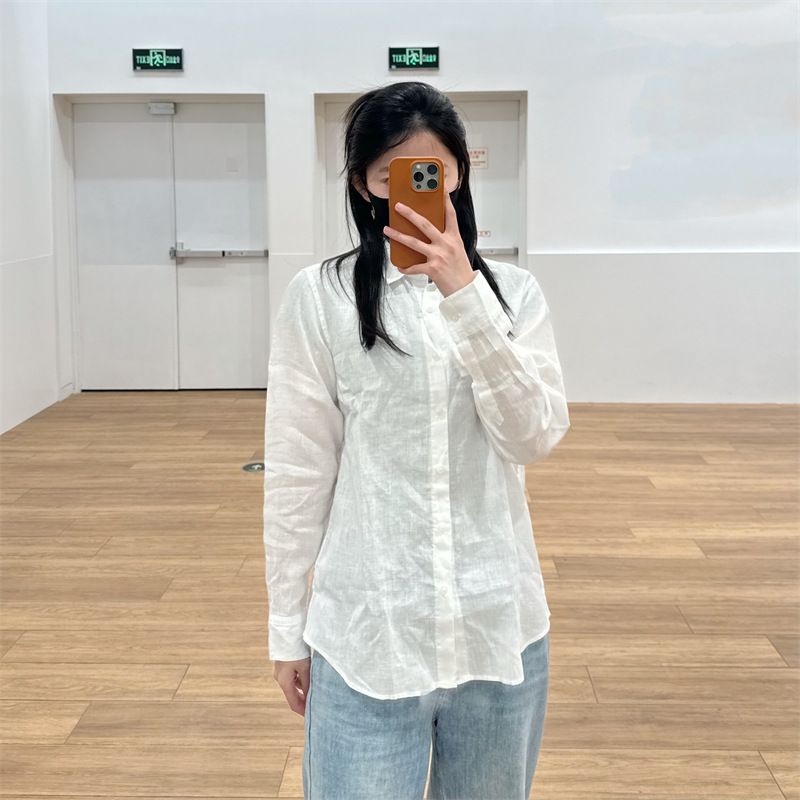 Camicia da donna in lino, manica lunga, stile francese, casual, estivo 2024, strato di base in lino464732, capo comodo, sinonimi_voghion.com