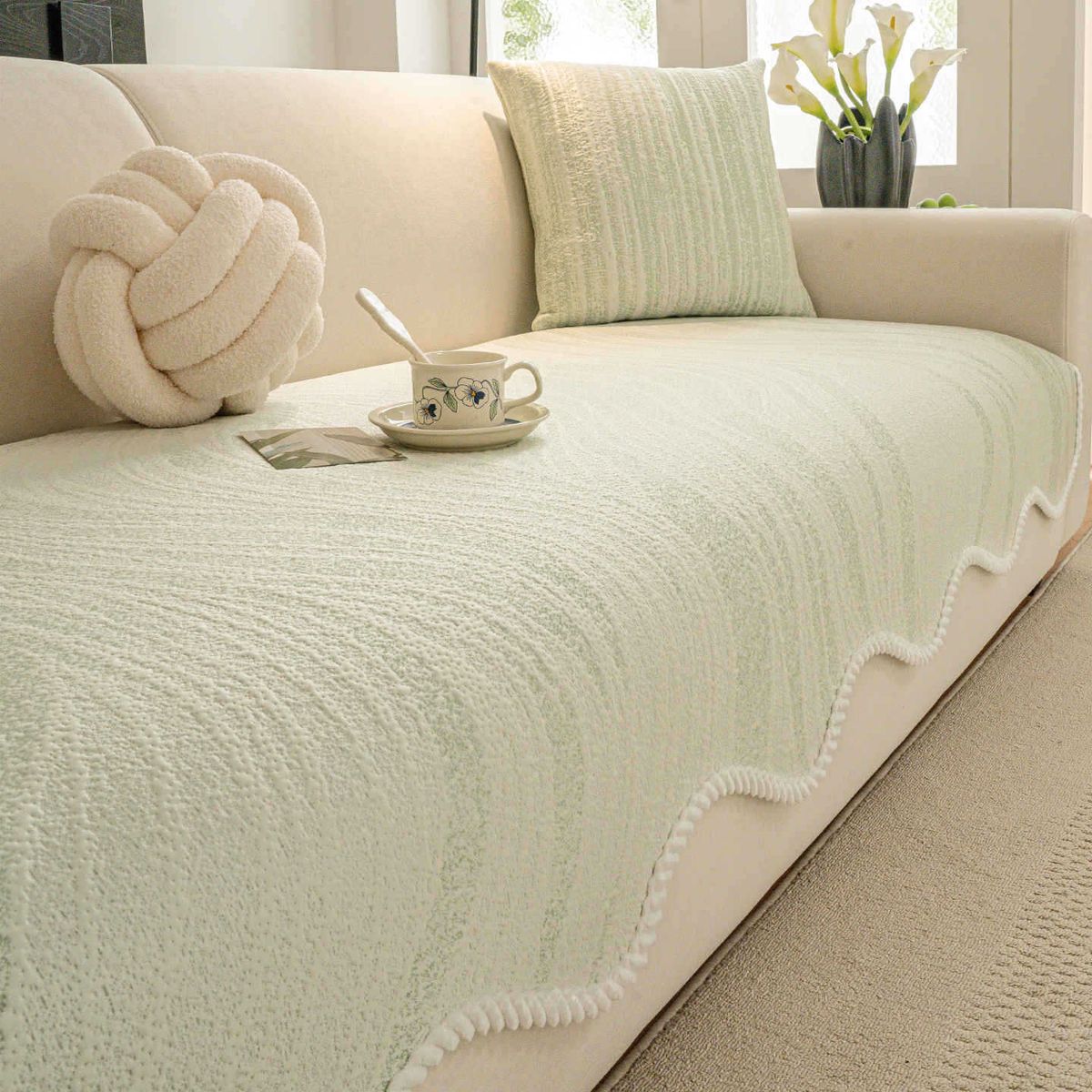 Kühlendes Sofakissen aus Eisseide – Cremefarbener, rutschfester Ecksofabezug mit Streifenmuster (Sonderanfertigungen für L-förmige Sofas)_voghion.com