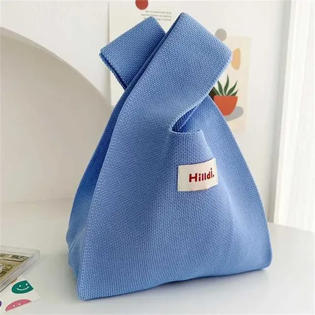 Handgemachte gestrickte warme Mini-Knoten-Handgelenktasche Fem lässige Farbe breite Streifen Leinwandbindung Handtasche wiederverwendbare Einkaufstasche Y241106_voghion.com