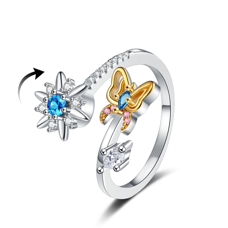Octagram roterende ring damesmode licht luxe bloem ingelegde zirkoon vlinderring_voghion.com