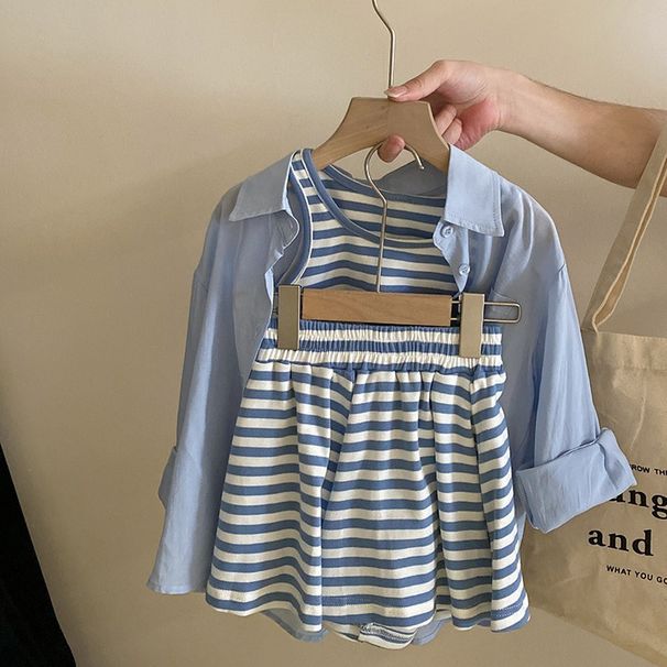 Abbigliamento per bambini 2024 inizio autunno nuove ragazze casual protezione solare camicia gilet a righe pantaloncini set tre pezzi_voghion.com