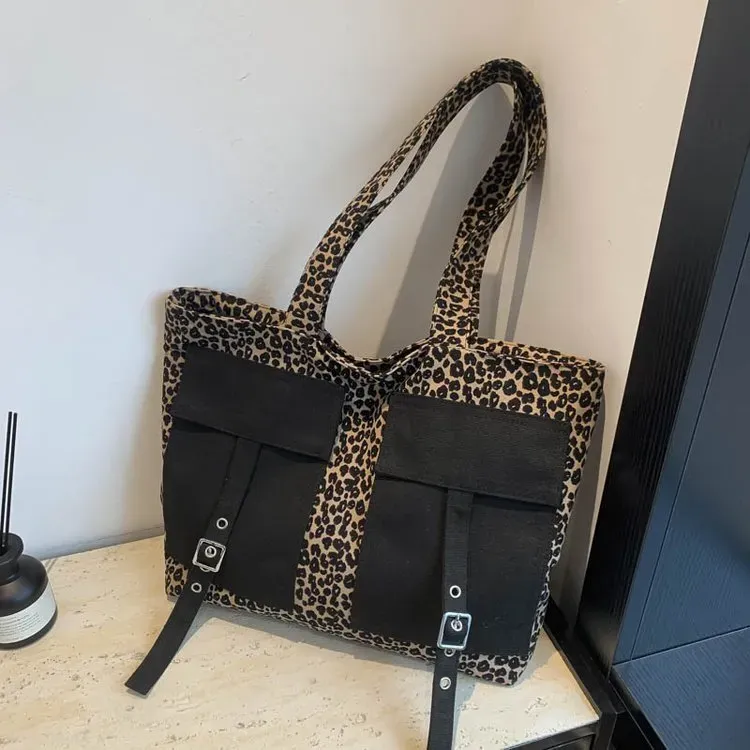Borsa a tracolla da donna con stampa leopardata, grande, personalizzata, in tessuto, con doppia tasca, casual, con spedizione gratuita_voghion.com