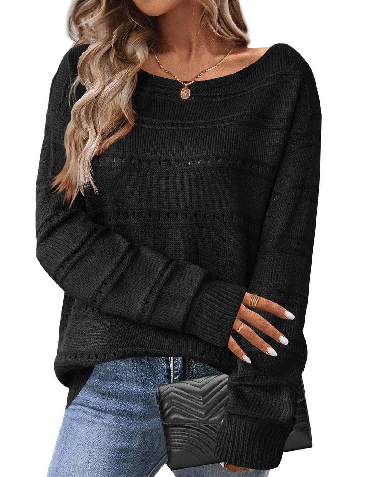 Damen-Strickpullover mit langen Ärmeln, schulterfrei, Häkelpullover aus Spitze, lässiger Boho-Chic, lockere Passform, Herbst-Winter-Mode_voghion.com