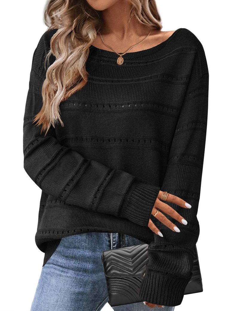 Women's Off-Shoulder Long Sleeve Knit Sweater Top, Lace Crochet Pullover, Casual Boho Chic Loose Fit, Fall Winter Fashion_voghion.com