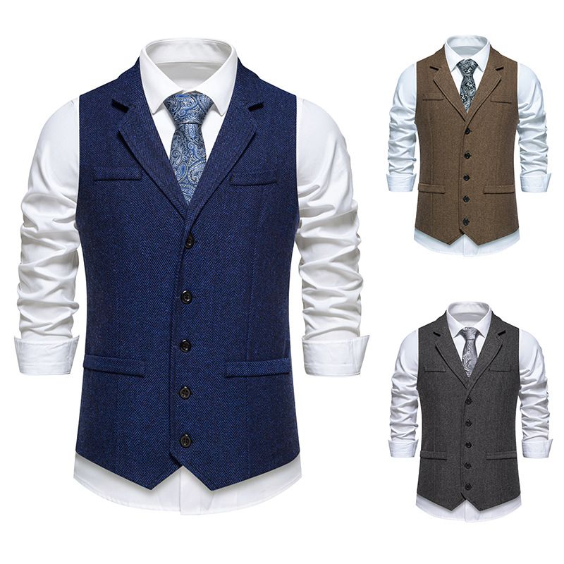 Herrenbekleidung Neue Herren Fischgräten-Tweed-Anzugweste Retro Einreihige Weste Herrenjacke_voghion.com