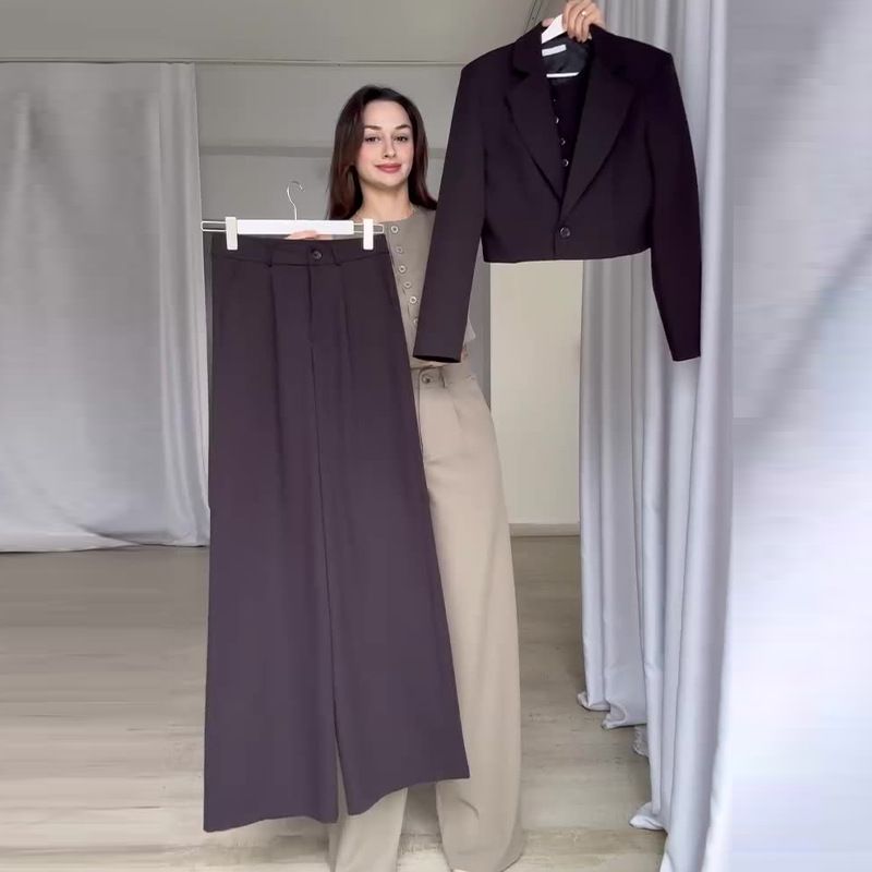 Women's Clothing Solid Color Lapel Short Top High Waist Trousers Two Piece Suit_voghion.com
