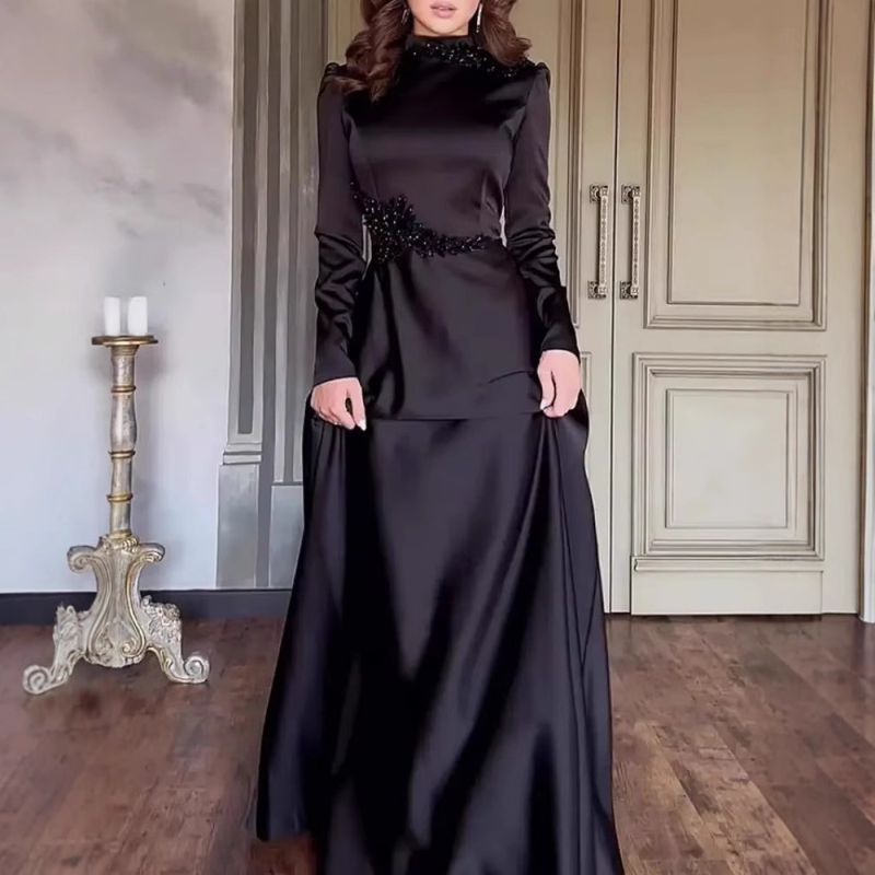 Damenbekleidung Einfarbig Langarm Schlank Spitze Retro Elegantes Kleid_voghion.com