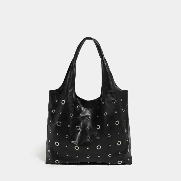 Designer 2025 Hohlmetall-Nieten-Hobo-Unterarmtasche, Weiches Ölwachsleder, Vintage-Nieten-Schultertasche, Shopper_voghion.com