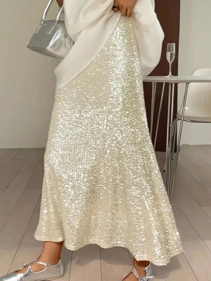 Damenbekleidung Neue Mode Pailletten Elastische Hohe Taille Futter Elastische Drape Rock Langen Rock Für Frauen_voghion.com